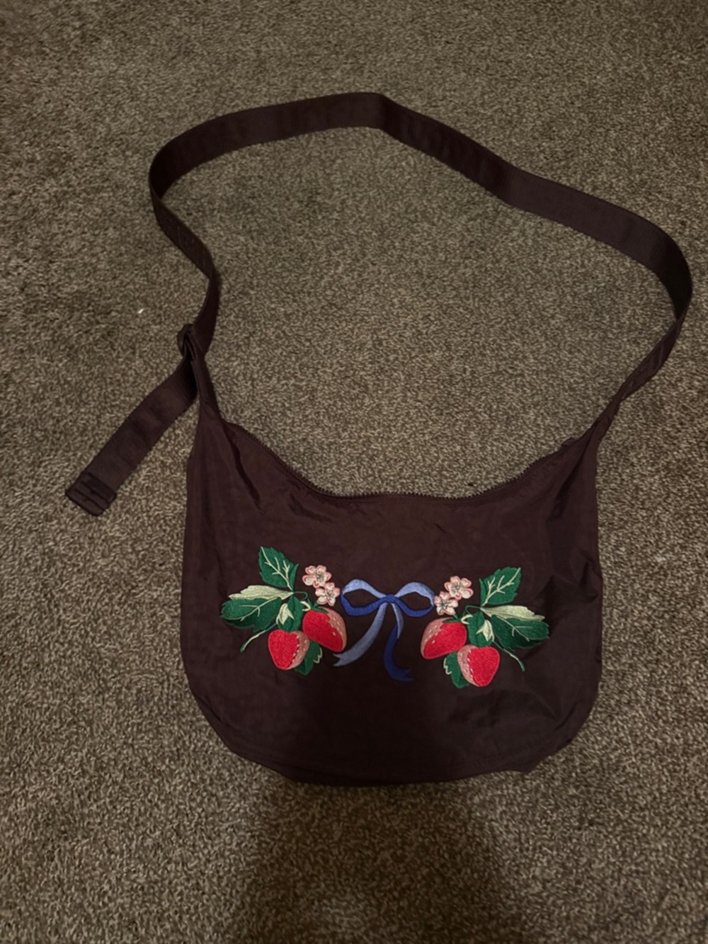 Medium Nylon Crescent Bag with strawberries and a bow